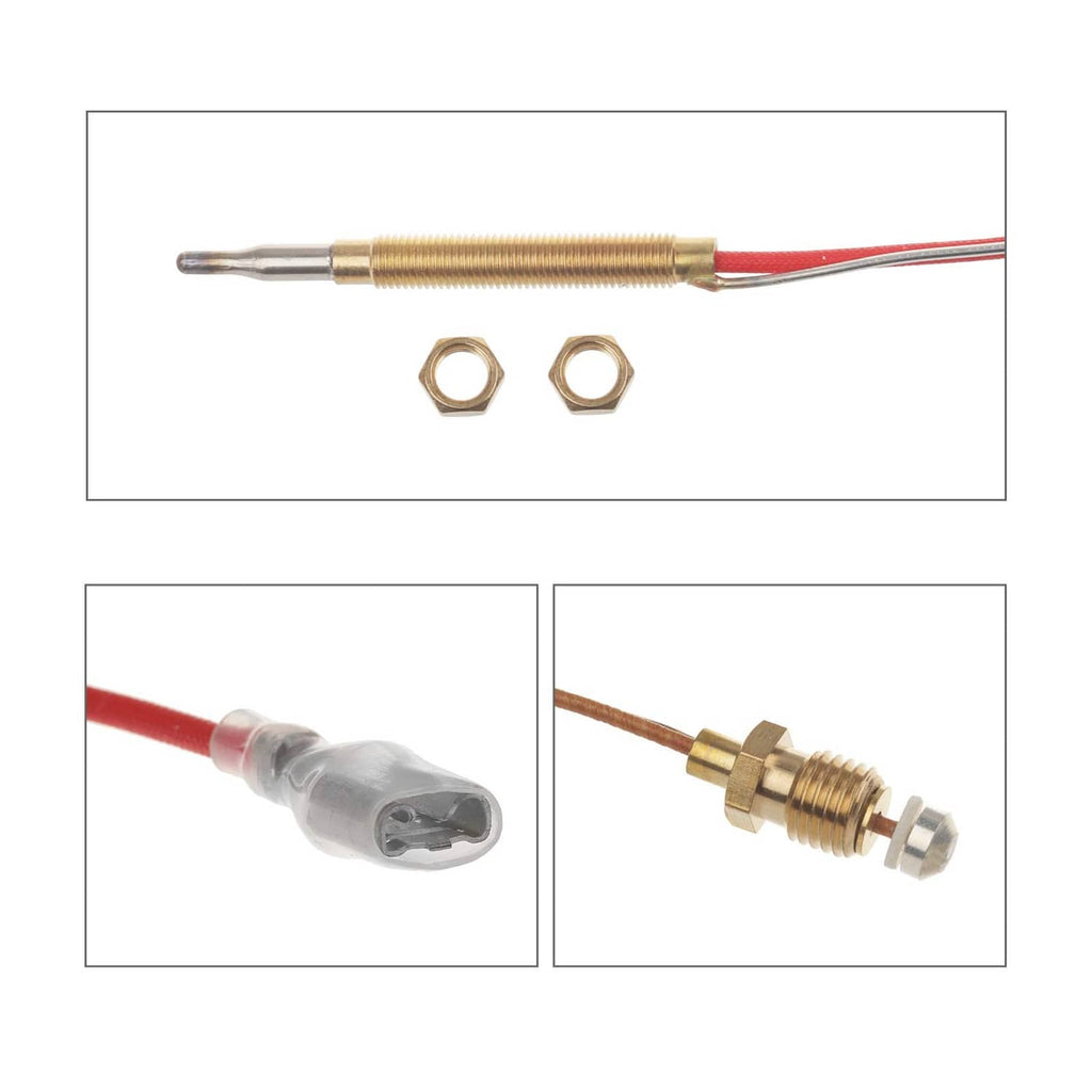 Thermocouple sensor with brass threaded tip, wires, and two mounting nuts