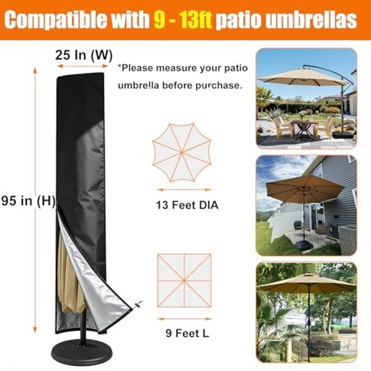 Black patio umbrella cover for 9–13 ft umbrellas with cinch bottom cord