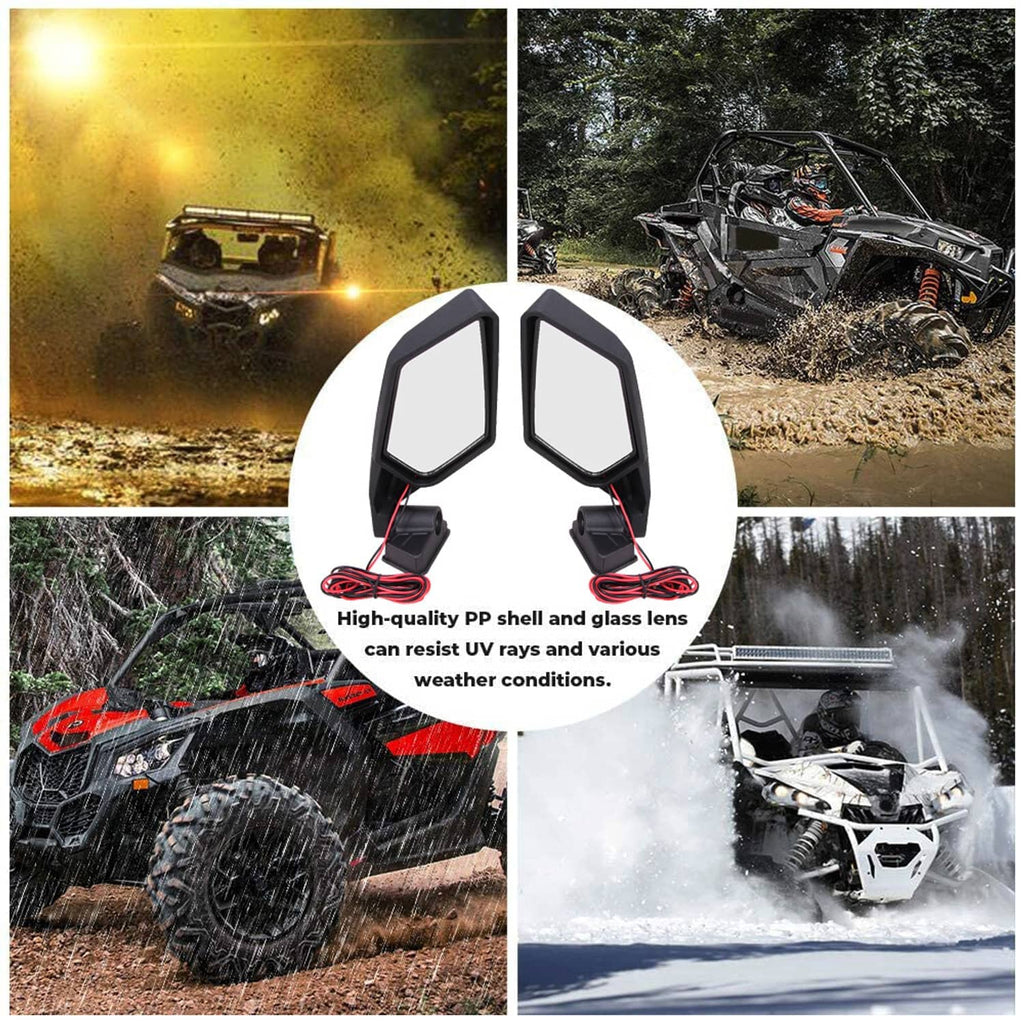 Two black UTV LED rearview mirrors with clear reflective lens panels