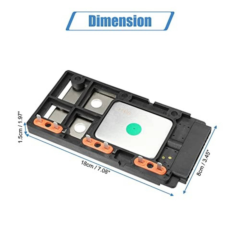Ignition control module dimensions view: black housing, green window, orange terminal blocks