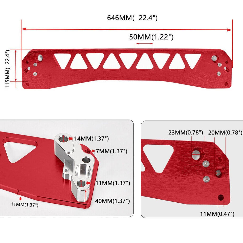 Red rear brace bar with triangular cutouts and measured mounting hole layout