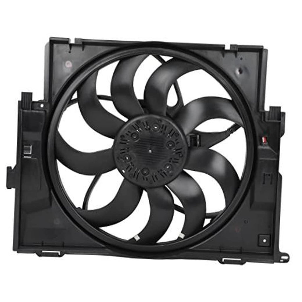 Radiator cooling fan assembly with black fan blades and circular center hub
