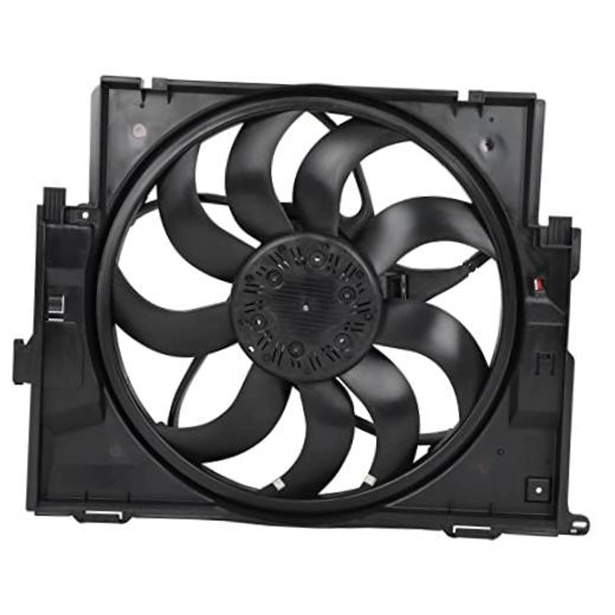 Radiator cooling fan assembly with black fan blades and circular center hub