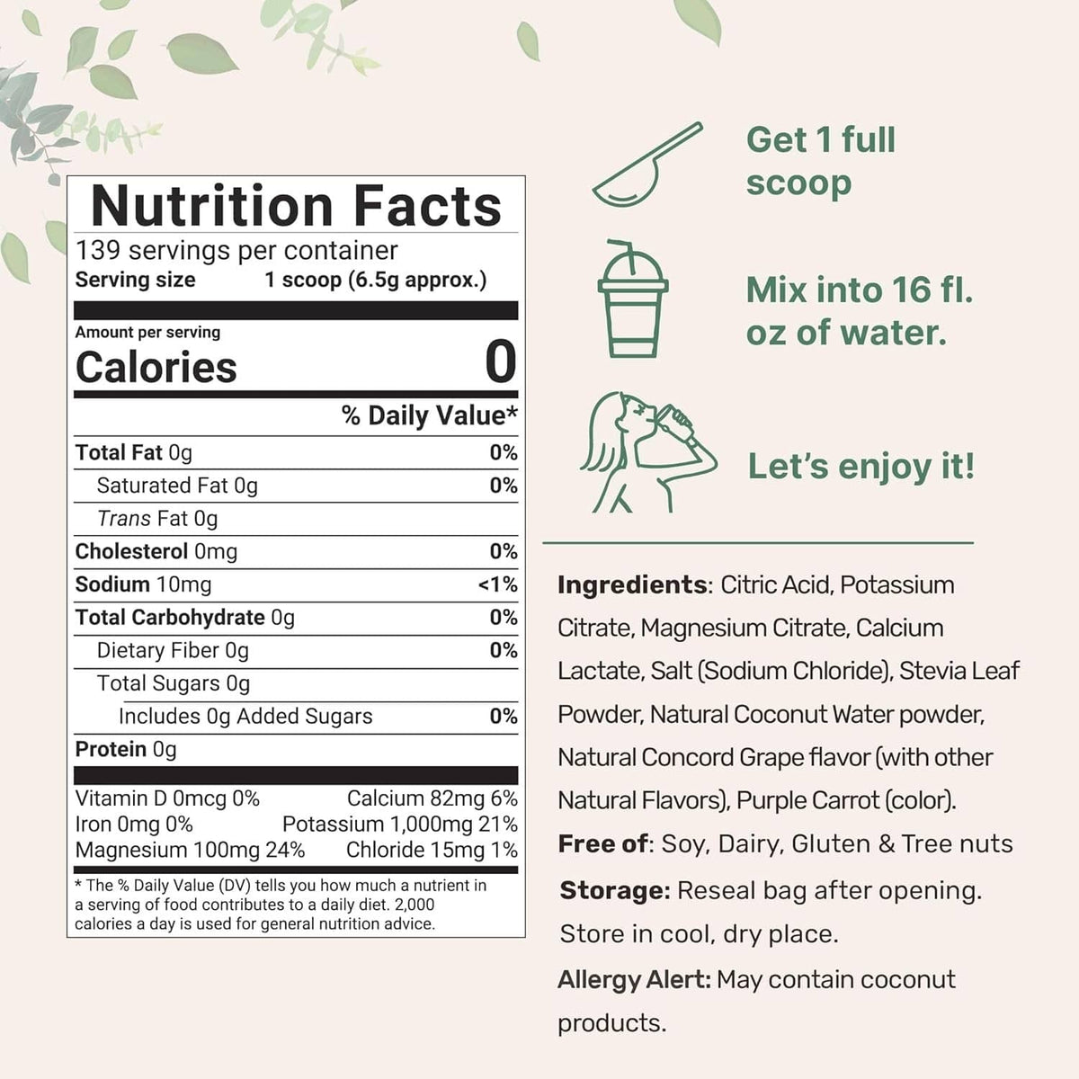 Electrolyte powder nutrition facts panel, concord grape flavor, 1 scoop serving