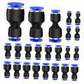 Set of push-to-connect reducer fittings, black body with blue ends, multiple sizes