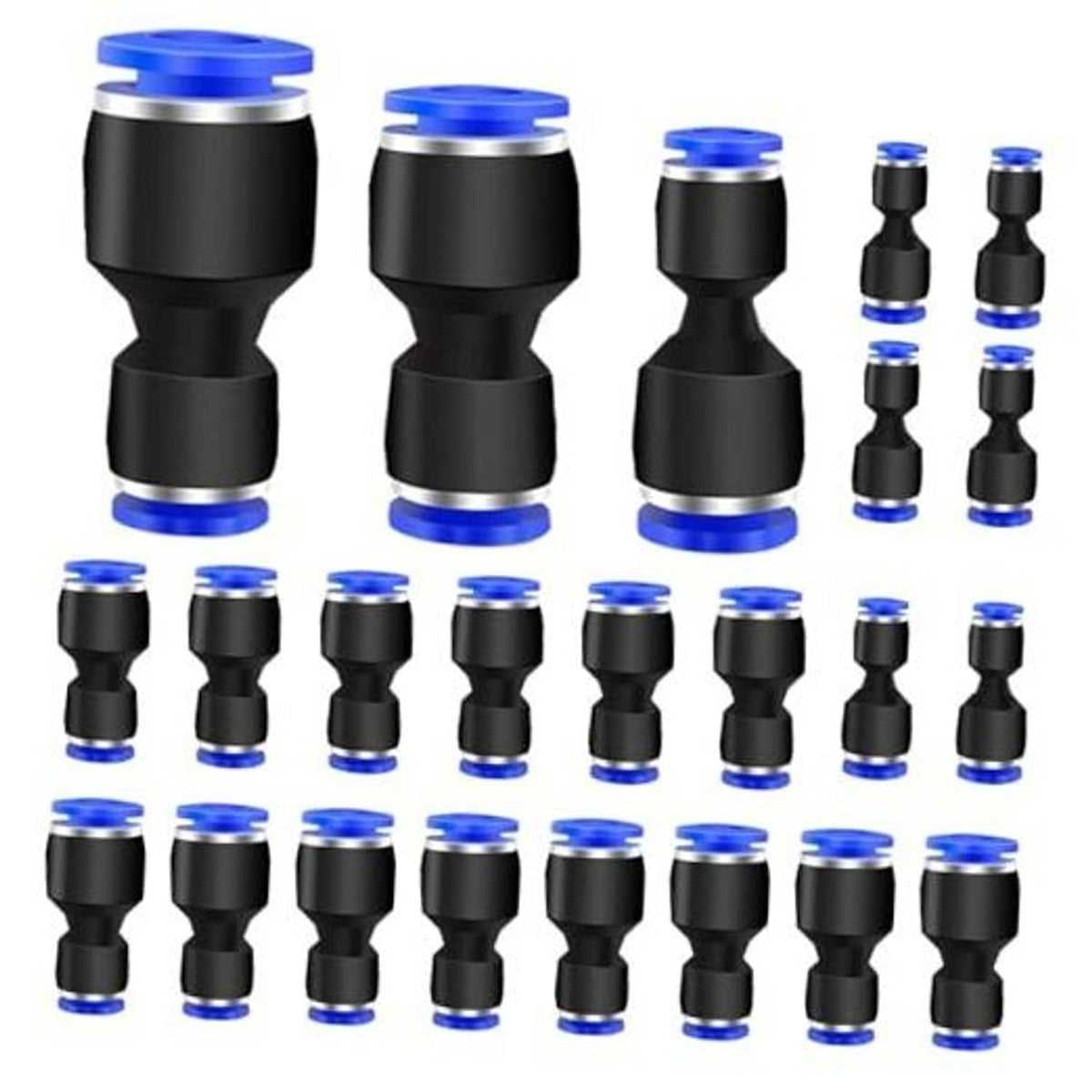 Set of push-to-connect reducer fittings, black body with blue ends, multiple sizes