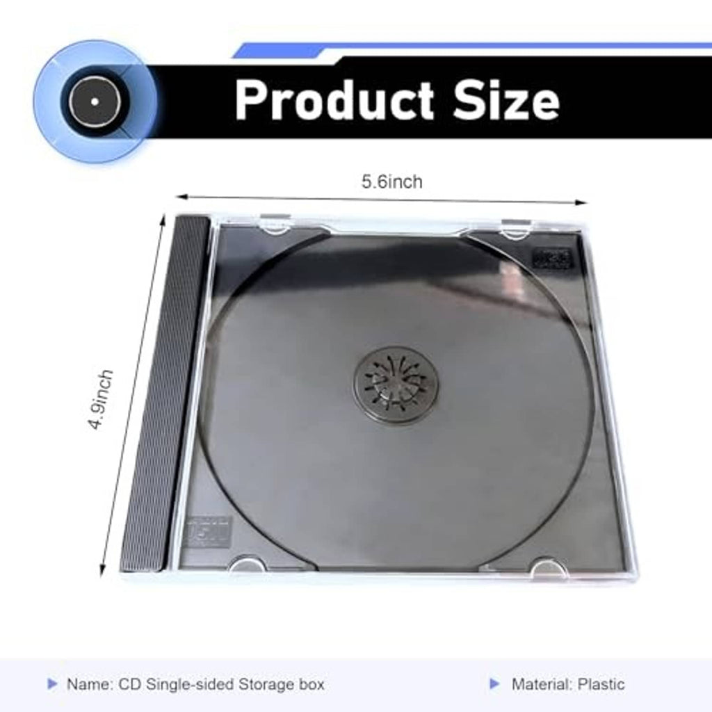 Clear single-disc CD jewel case with dark disc, shown with size measurement