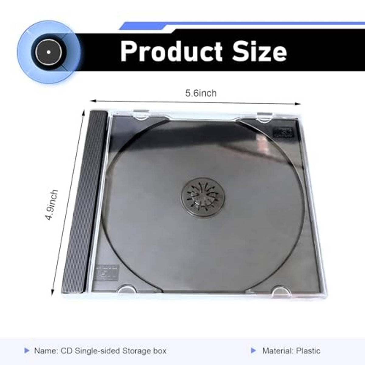 Clear single-disc CD jewel case with dark disc, shown with size measurement