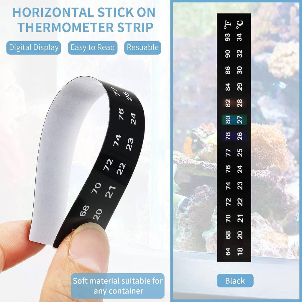 Black thermometer strip sticker with °F and °C scale on a curved backing in hand.