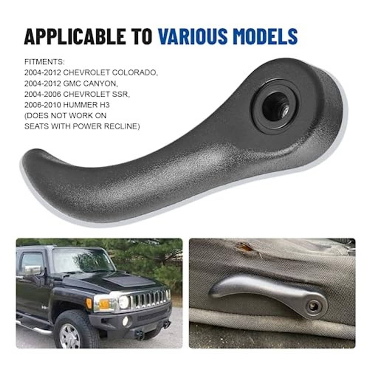 Gray curved recliner adjustment handle with circular fastener opening