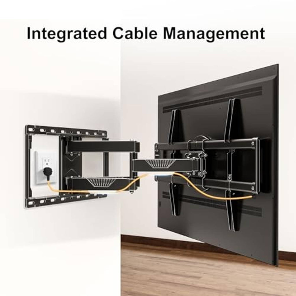 TV wall mount bracket with integrated cable management, black mount and cable guide channels.