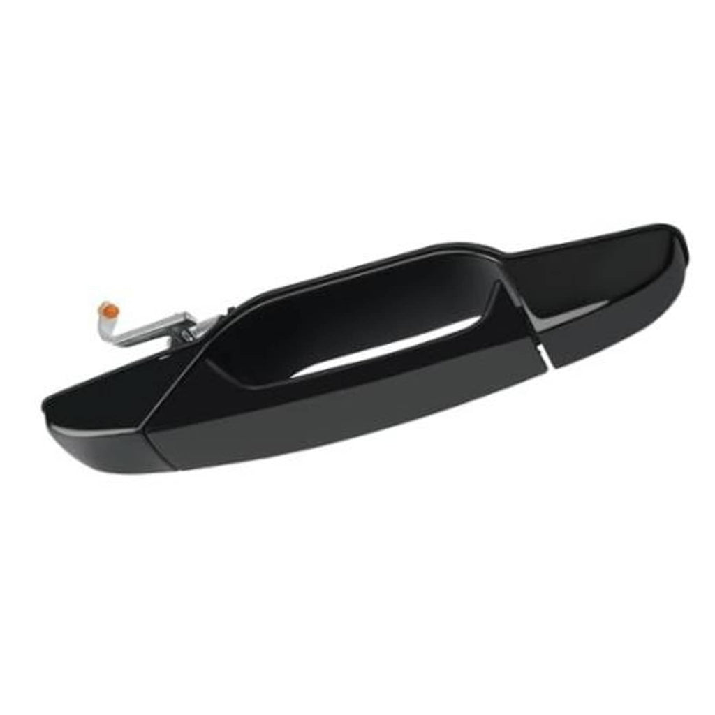 Black exterior door handle with integrated latch lever and small amber indicator light