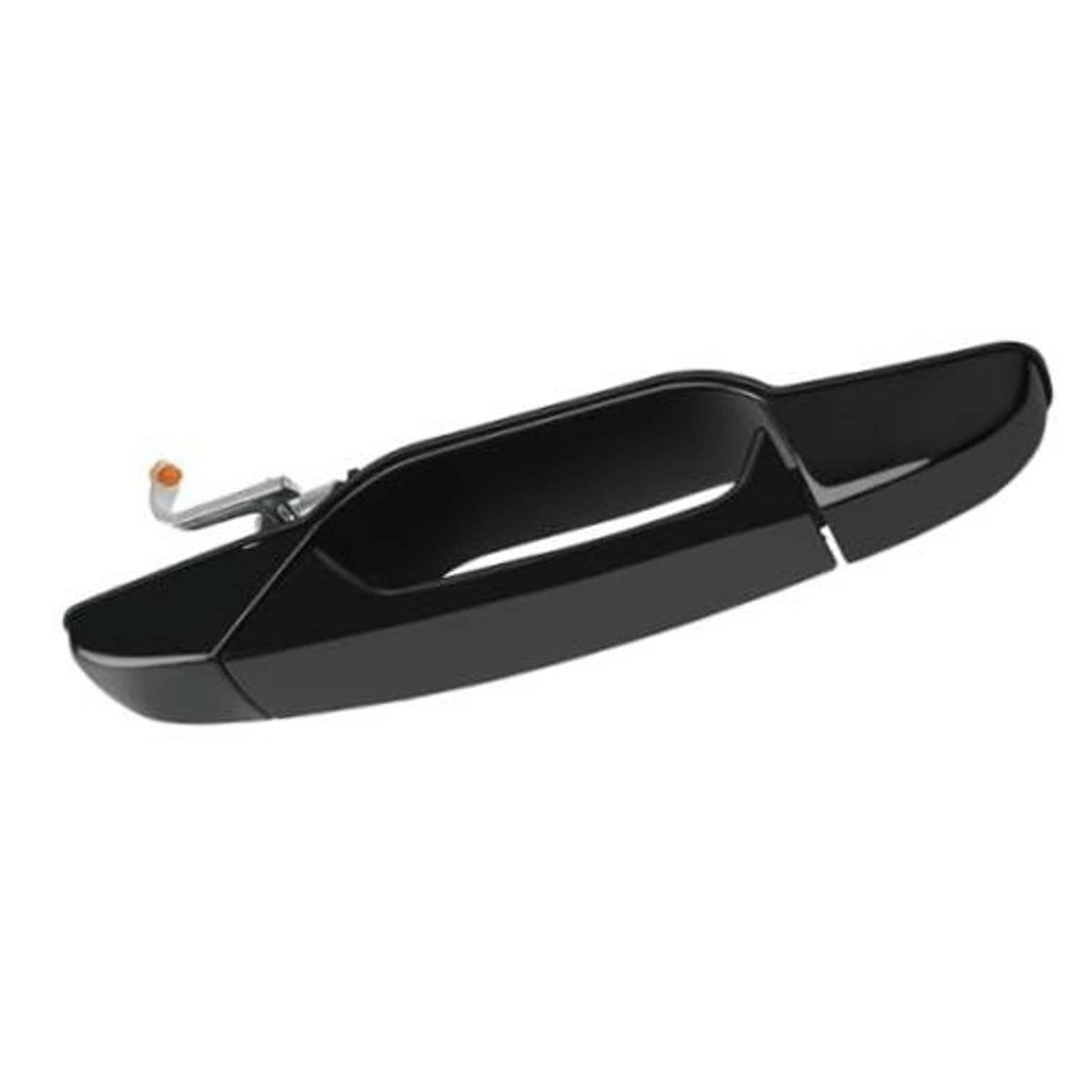 Black exterior door handle with integrated latch lever and small amber indicator light