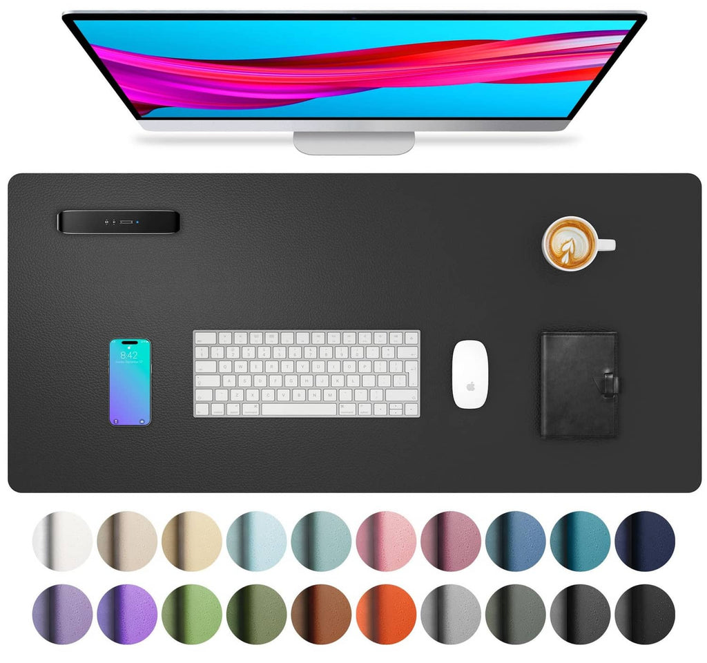 Black PU leather desk pad protector with non-slip textured surface for office use