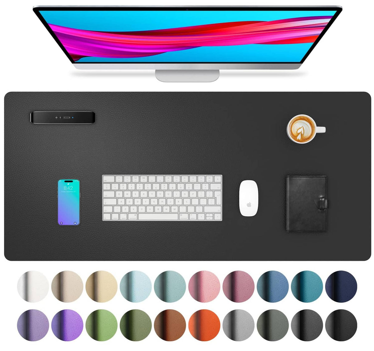 Black PU leather desk pad protector with non-slip textured surface for office use