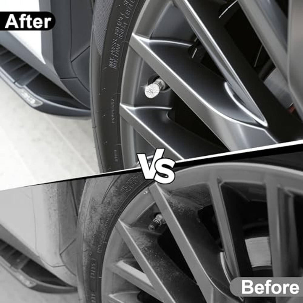 Rhinestone valve stem cap on car wheel, white crystal top with black valve opening