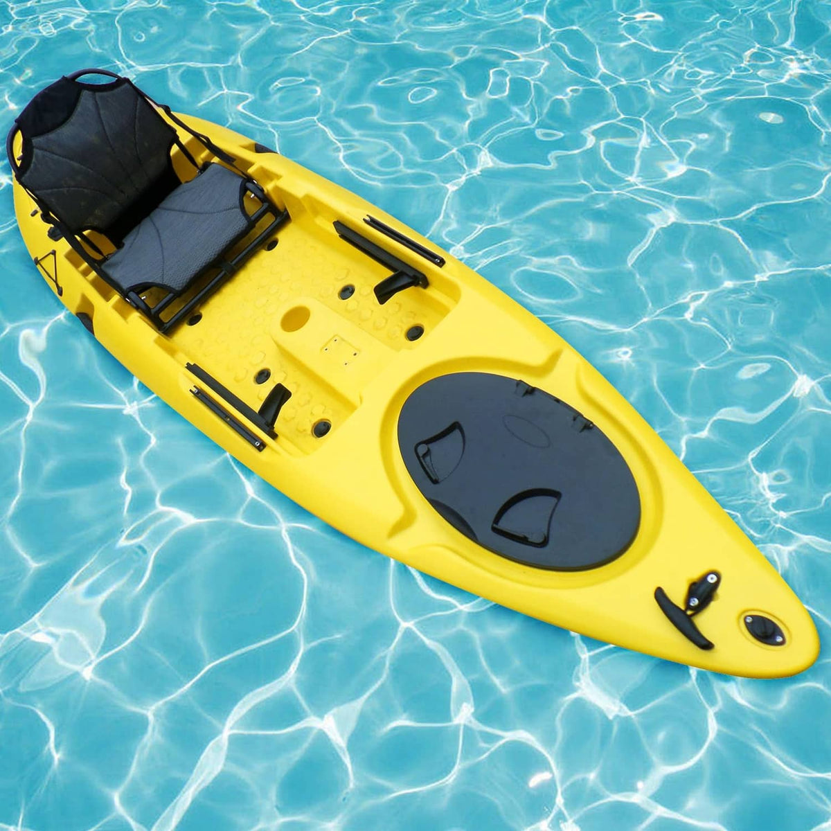 Black kayak carry handles mounted on kayak deck