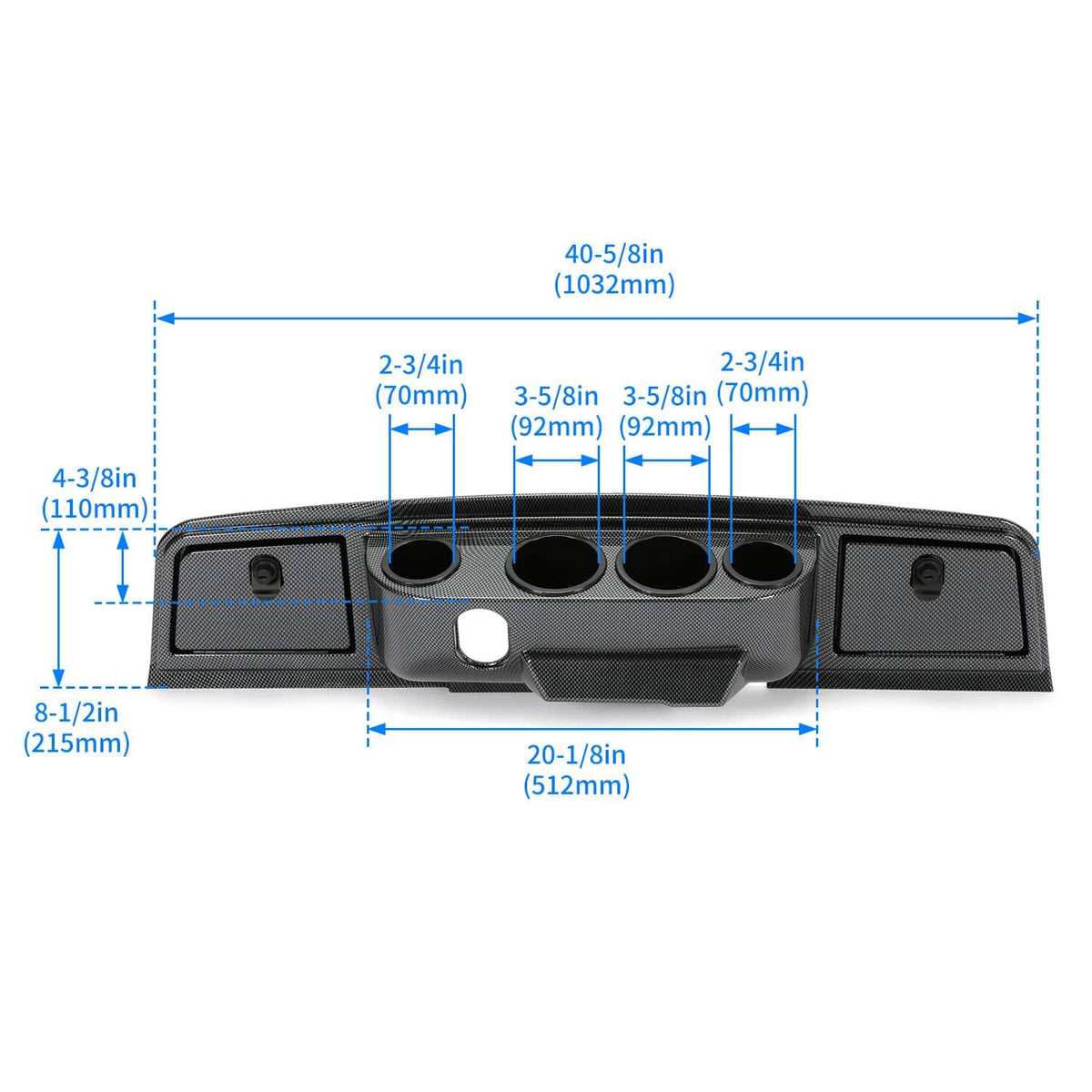 Carbon fiber dash cover panel with four cup holder openings and two side mounting plates