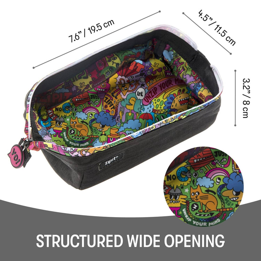 Black ZIPIT pencil case with wide zip opening and colorful doodle-lined interior
