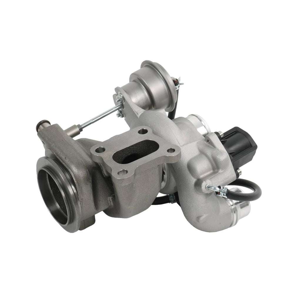 Turbocharger with circular inlet, black electrical connector, and cast mounting plate