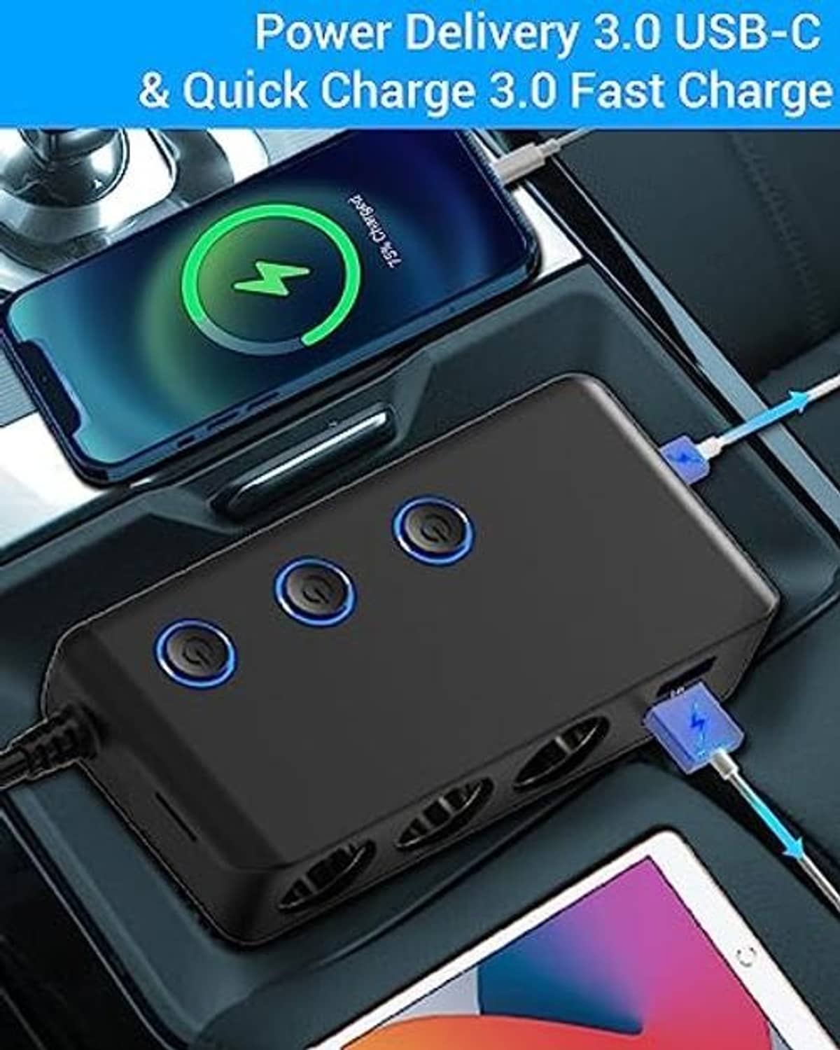 Car charger splitter used in car with three sockets and USB-C fast charging