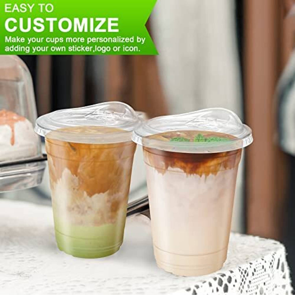 Two clear 16 oz cups with strawless sip lids, shown side by side on a tray