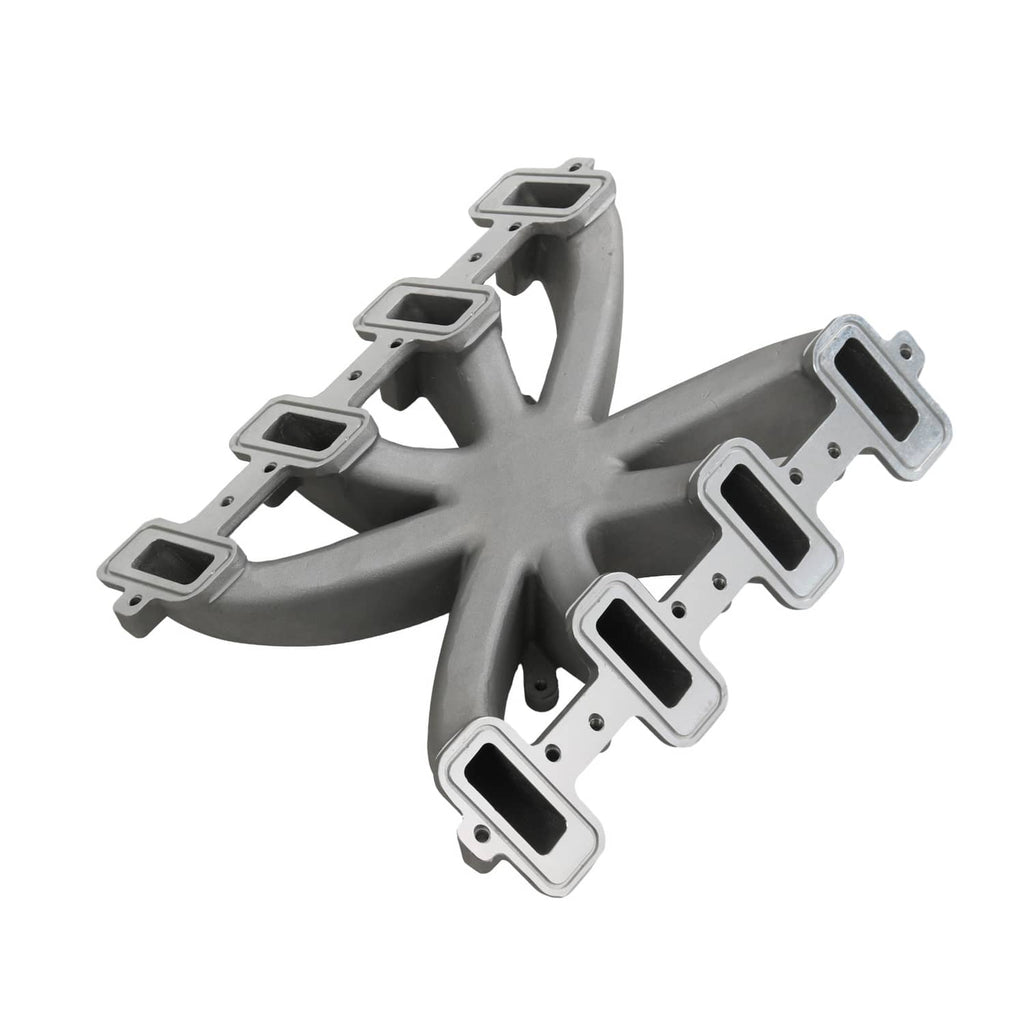 Single-plane intake manifold, gray cast metal with runner ports and rectangular flange openings