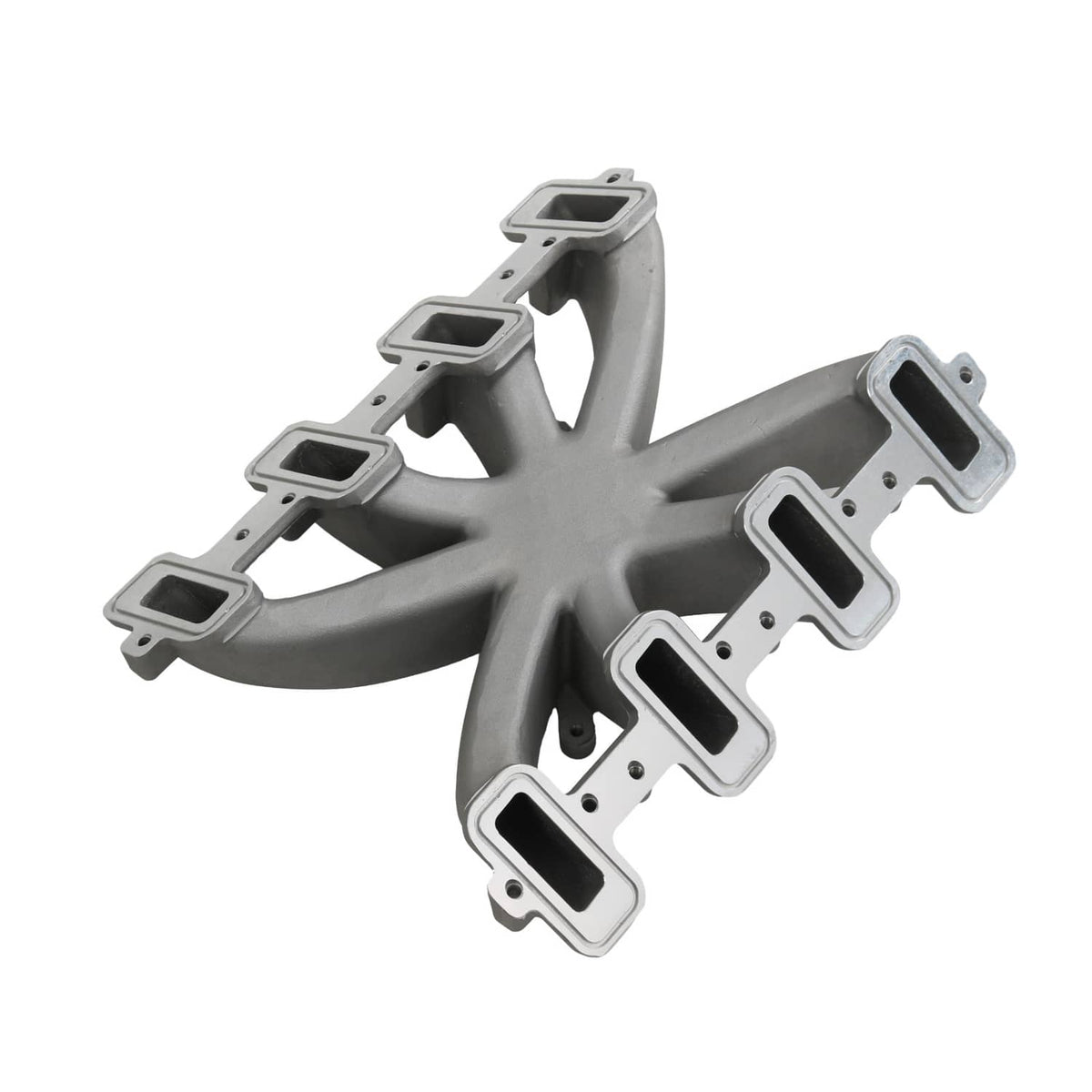 Single-plane intake manifold, gray cast metal with runner ports and rectangular flange openings