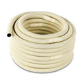 Coiled beige corrugated AC drain hose with small black end cap.