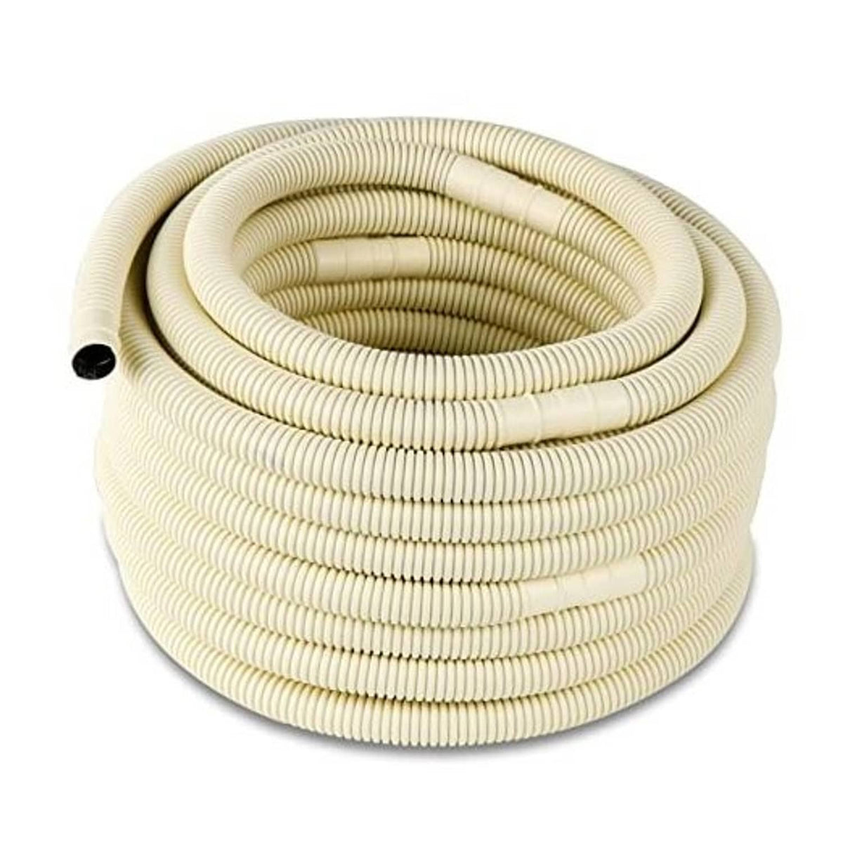Coiled beige corrugated AC drain hose with small black end cap.