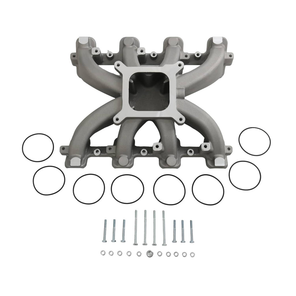 Single-plane intake manifold with gasket and hardware kit, gray cast metal with ports