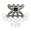 Single-plane intake manifold with gasket and hardware kit, gray cast metal with ports