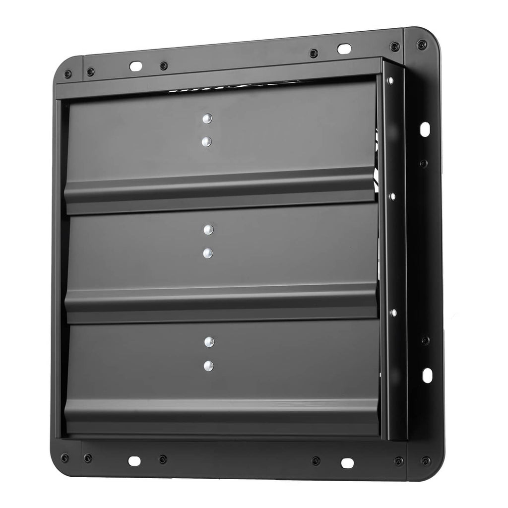 Wall-mount exhaust fan shutter cover with black steel mounting frame and bolts