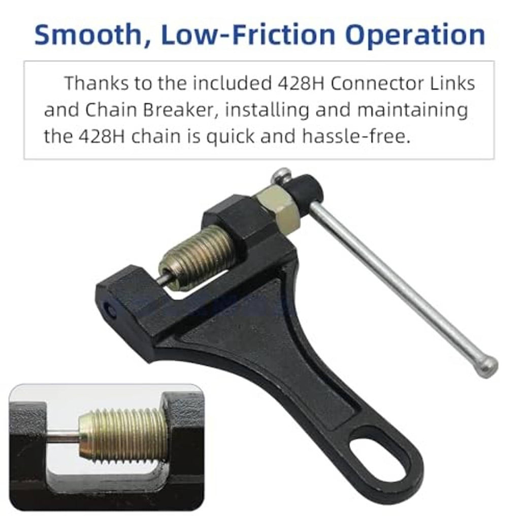 Black chain breaker tool with threaded press pin for installing 428H connector links