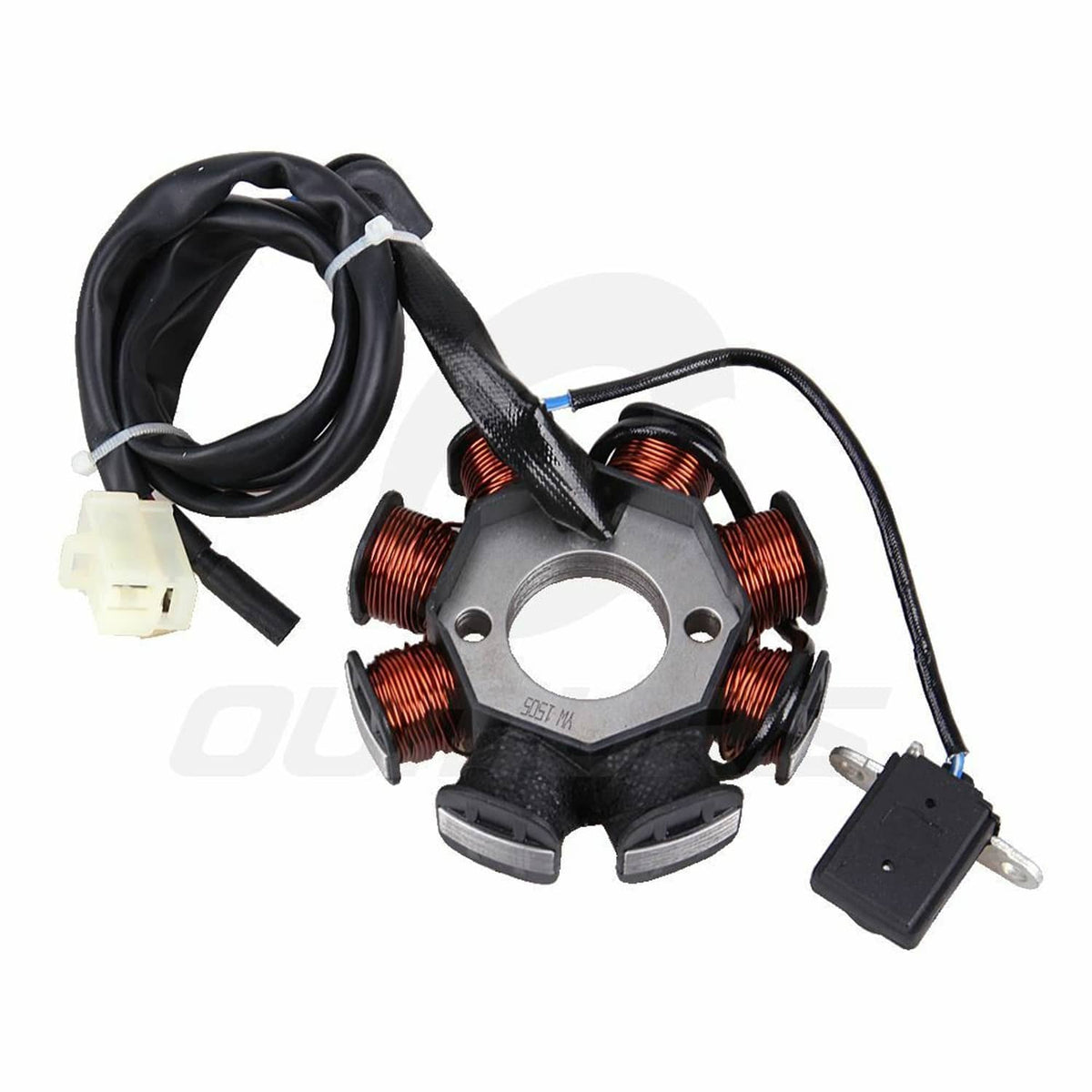 8-coil stator magneto with black wire harness, copper windings, and white plug connectors