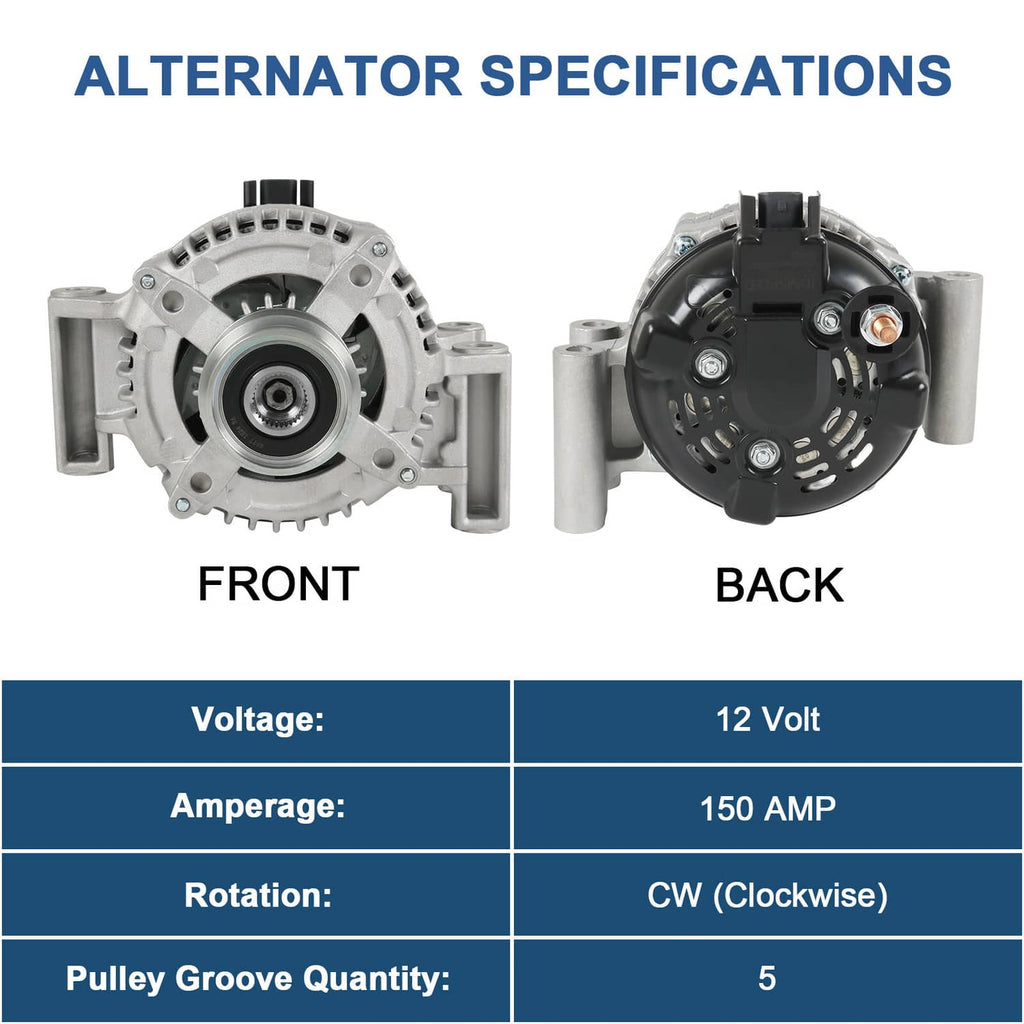 Automotive alternator shown front and back views with 12V rating and pulley