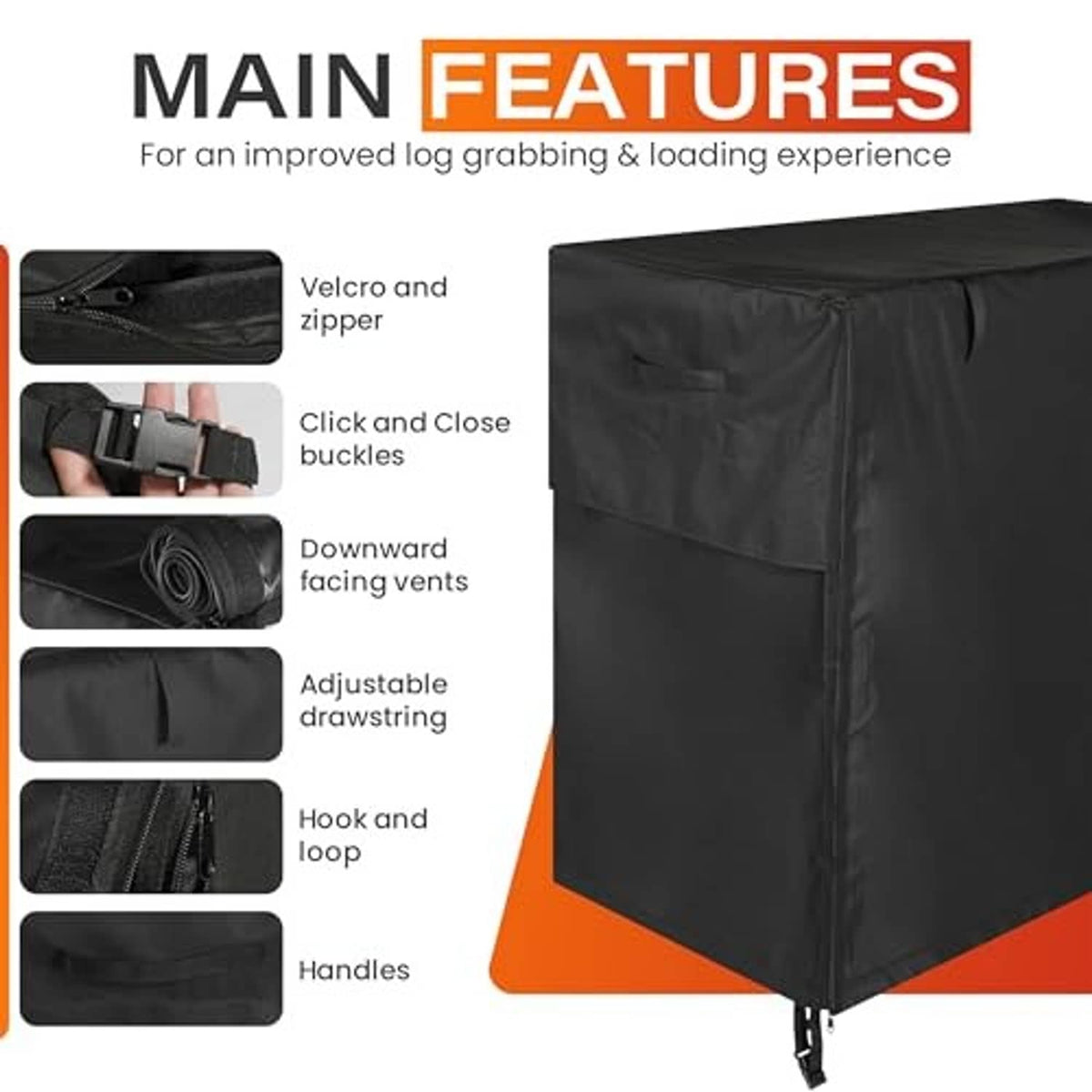 Black firewood rack cover with reinforced seams and zip closure edges.