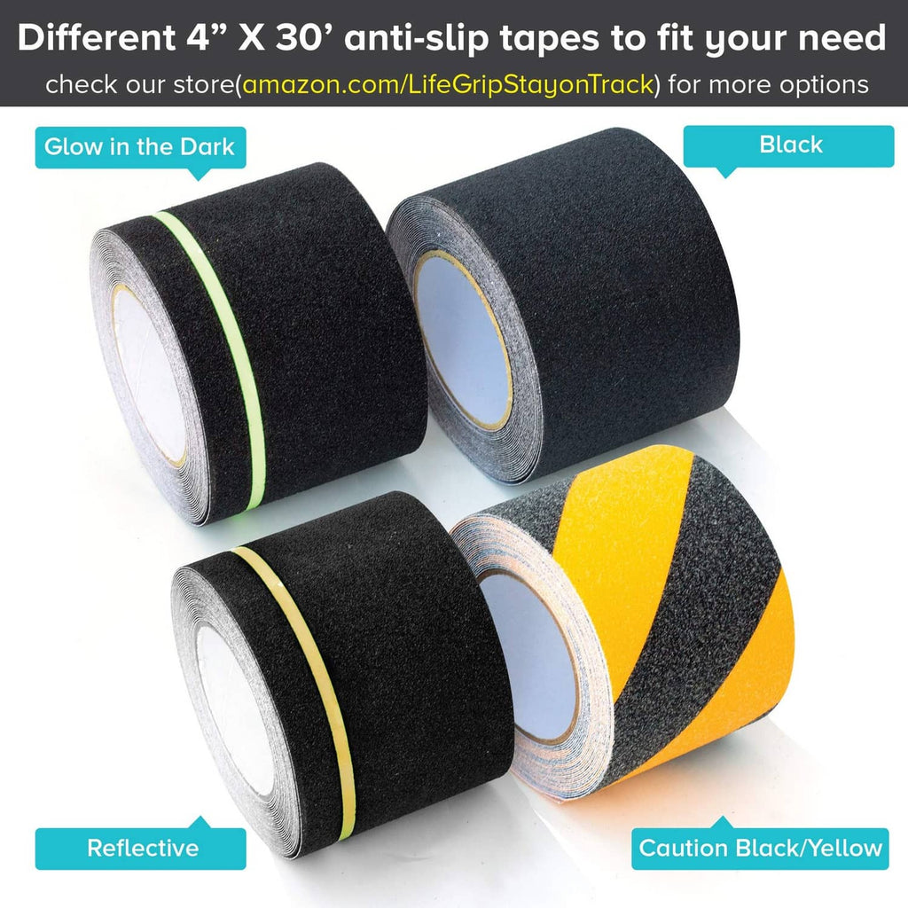 Assorted Lifegrip anti-slip tape rolls, black with green and yellow reflective stripes