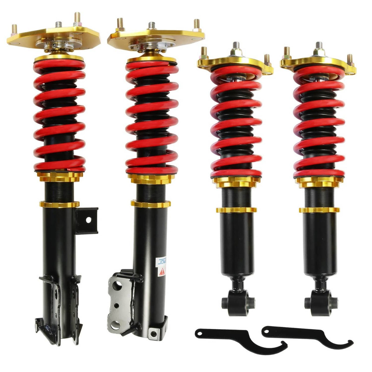Four coilover shocks with red springs, gold tops, black bodies, and mounting brackets