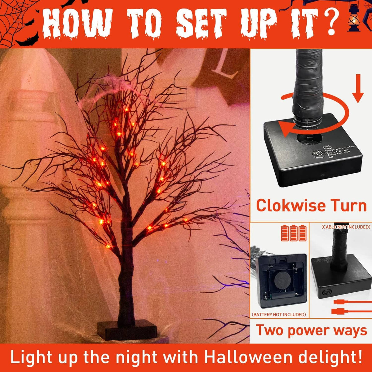 Halloween LED light tree base with black pole and glowing orange branches