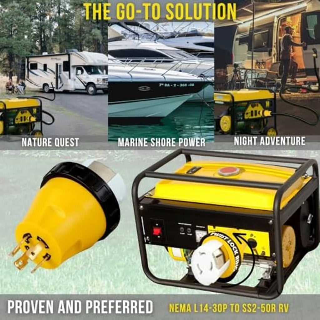 Yellow generator adapter plug connected to a portable RV generator power unit