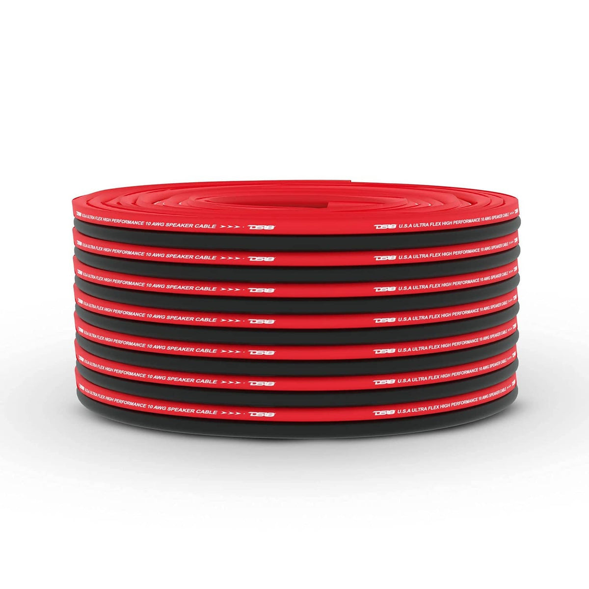 Red and black speaker wire spool with wound cable and printed outer jacket