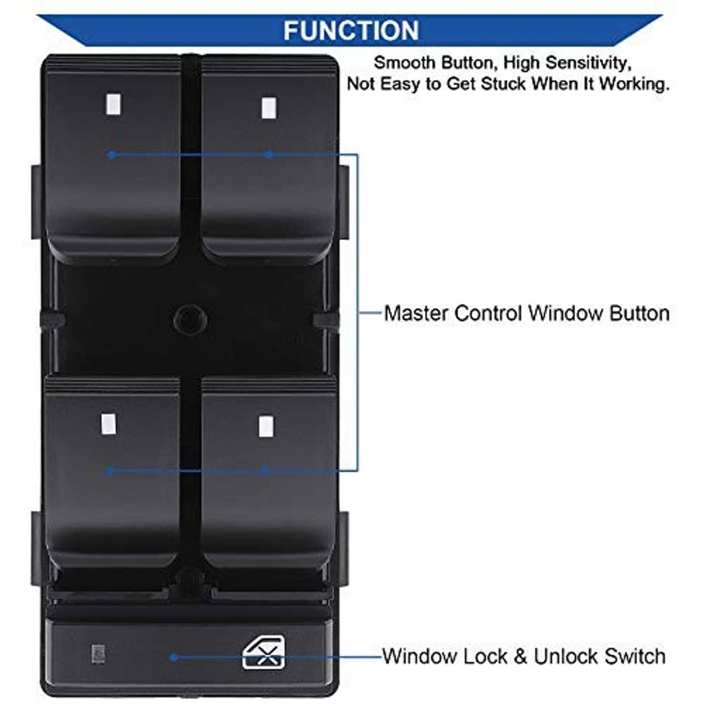 Black window lock and master control switch panel with four rocker buttons
