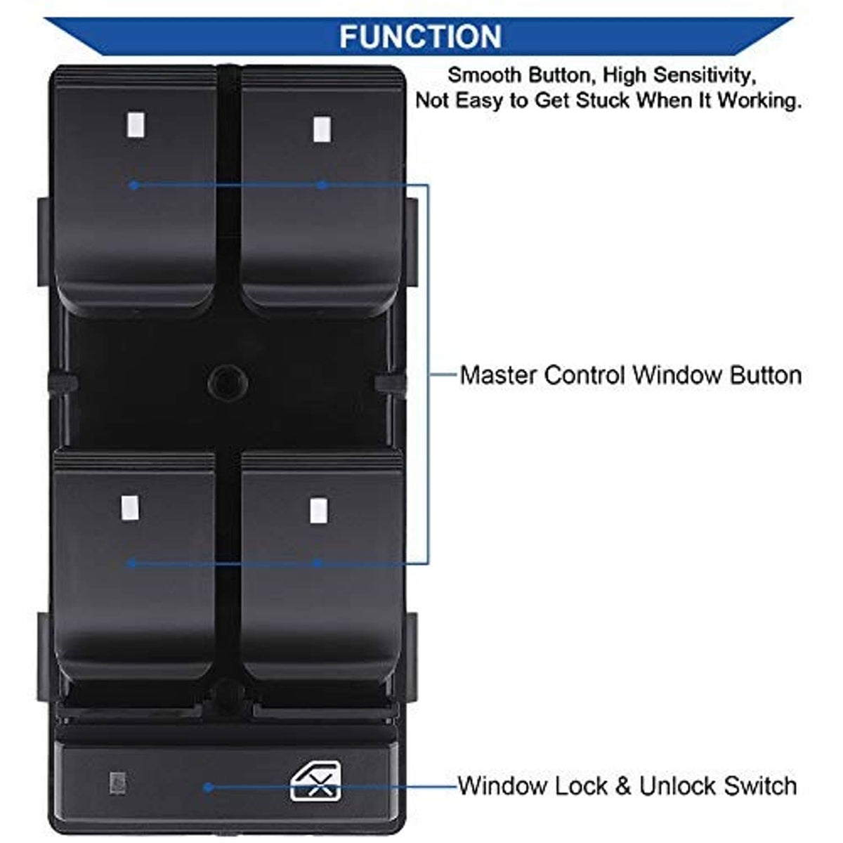 Black window lock and master control switch panel with four rocker buttons