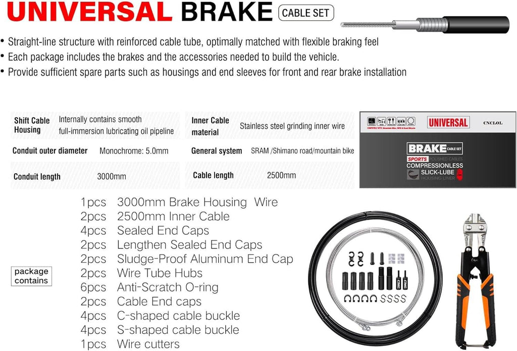 Brake cable set with black housing, inner cable, and included end caps