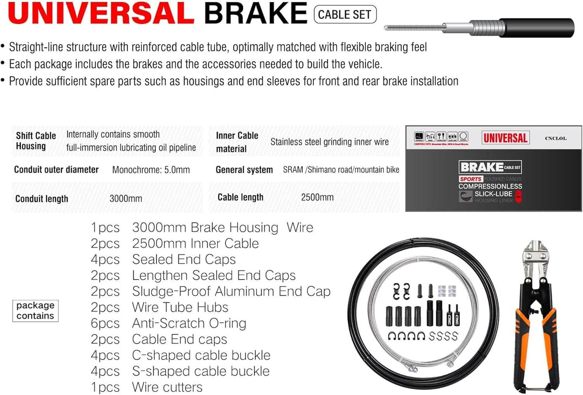 Brake cable set with black housing, inner cable, and included end caps