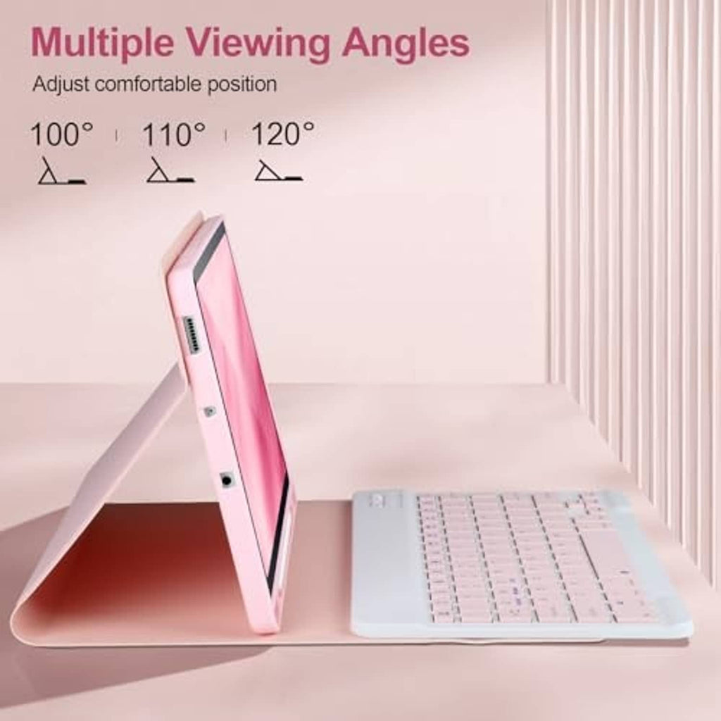 Pink folio tablet case with keyboard angled for multiple viewing positions