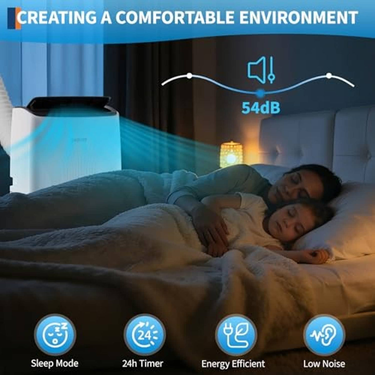 White portable air conditioner with top air outlet for low-noise sleep use.
