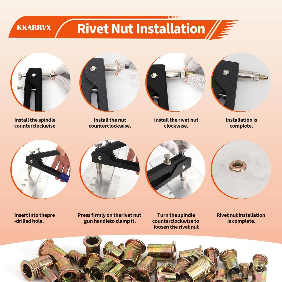 Rivet nut installation guide with step-by-step illustrations and final seated nut