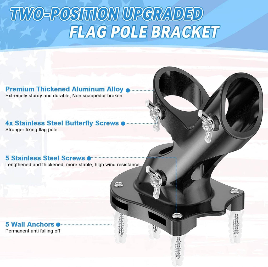 Black aluminum flagpole bracket with multiple stainless screws and wall anchors